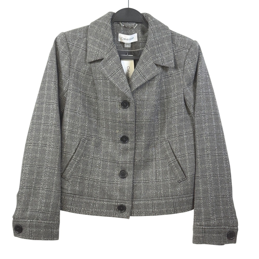 Calvin Klein Wool Blend Plaid Blazer Jacket Gray Button Front Suit Womens 2 NEW
